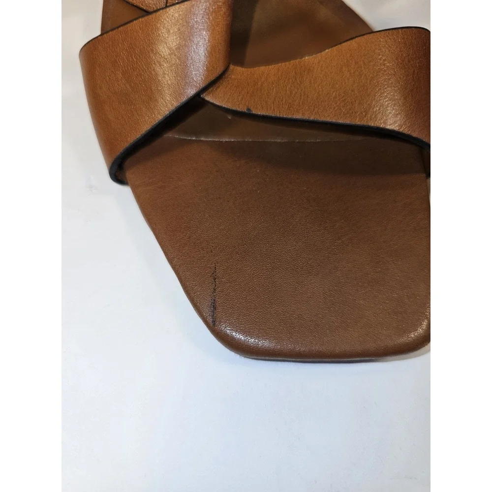 Zara Women's Brown Leather Slide On 2 Heel Sandals Size 7.5 EUR 38 - Picture 3 of 9